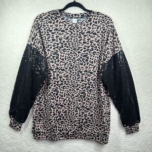 Sunshine and Rodeo Women's M Pink Leopard Sequin Long‎ Sleeve Sweater Pullover